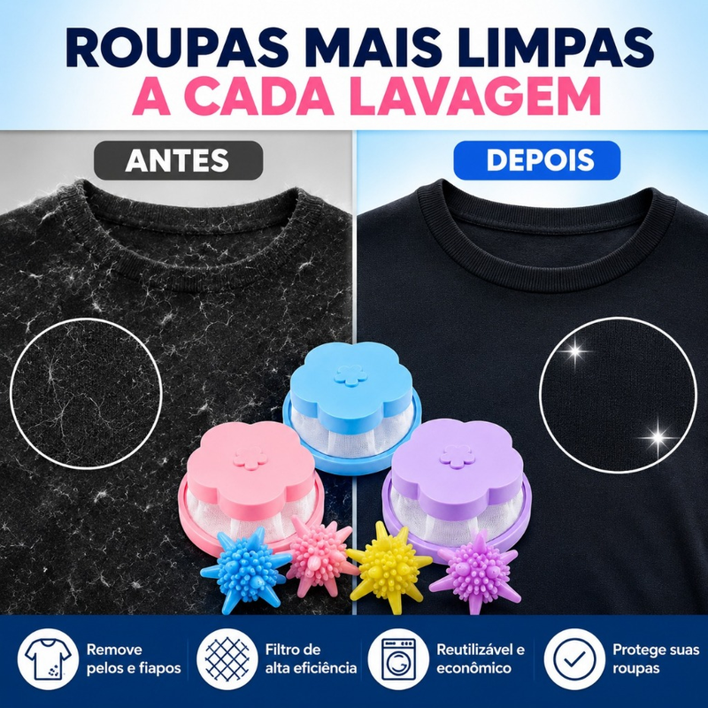 KIT Filtro Coletor Pelos Máquina Lavar Roupa + 4 Bolinhas Removedor Fiapos Pet Reutilizável